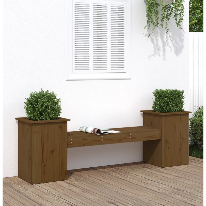 Banc avec jardinires marron miel bois massif de pin