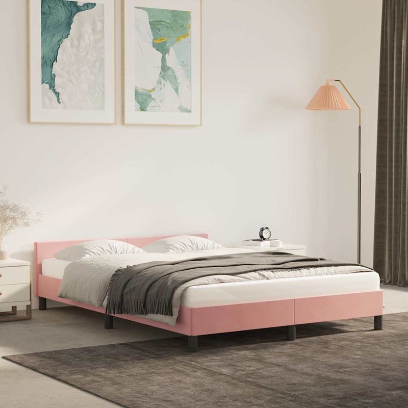 Cadre de lit et tte de lit sans matelas rose 140x200cm velours