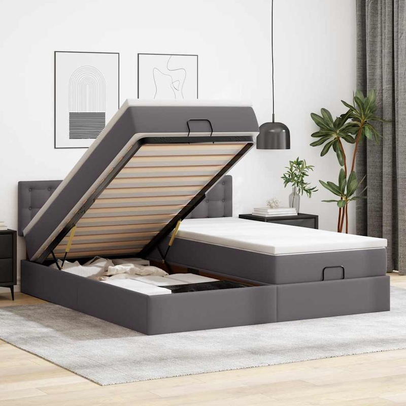 Lit ottoman avec matelas & LED Gris 160x200cm similicuir
