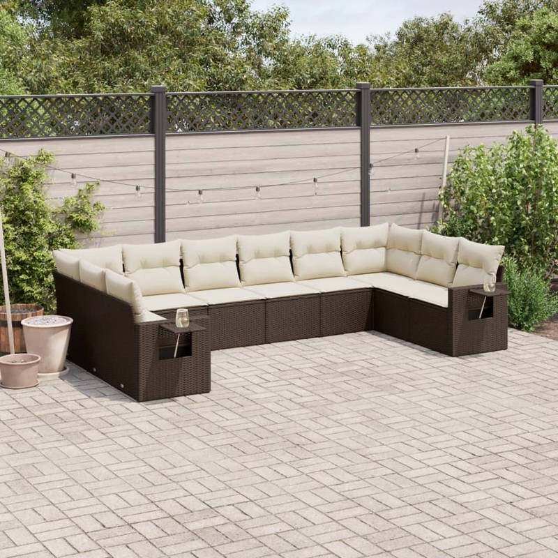 Salon de jardin 10 pcs avec coussins marron rsine tresse