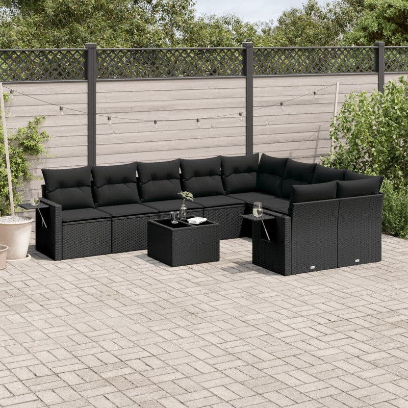 Salon de jardin 10 pcs avec coussins noir rsine tresse