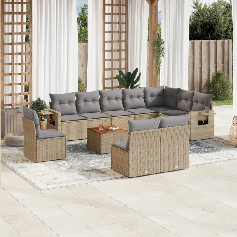 Salon de jardin 11 pcs avec coussins beige rsine tresse