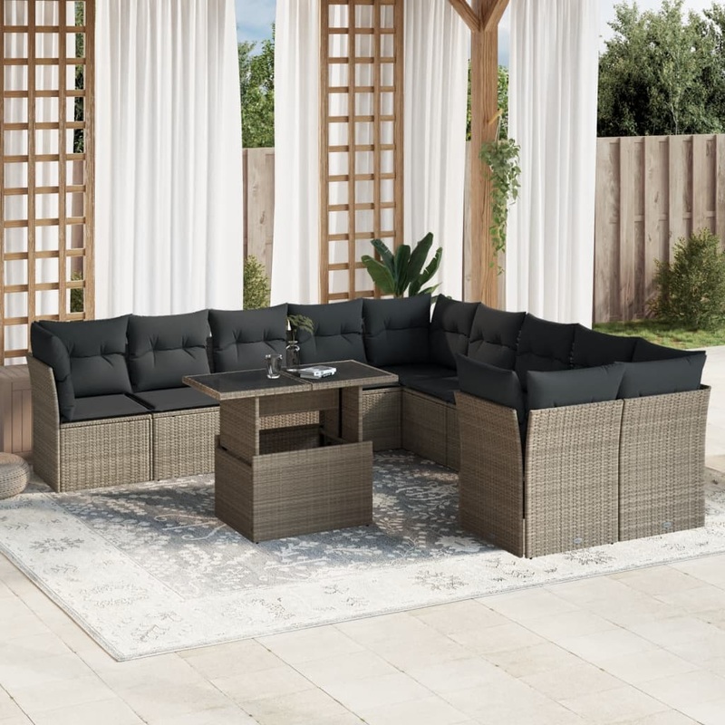 Salon de jardin 11 pcs avec coussins gris clair rsine tresse