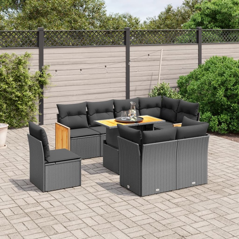Salon de jardin 9 pcs avec coussins noir rsine tresse